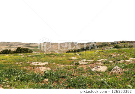 Typical mountain landscape, Jordan, Middle East (photography from a high point). Carved on white background Typical mountain landscape, Jordan, Middle East (photography from a high point). Carved on white background 126533392