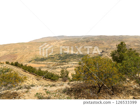 Typical mountain landscape, Jordan, Middle East (photography from a high point). Carved on white background Typical mountain landscape, Jordan, Middle East (photography from a high point). Carved on white background 126533399