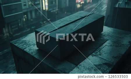 Dark Teal Concrete Block Urban Rooftop Night Scene Cityscape Wet View High Rain Line Moody Angle 126533503