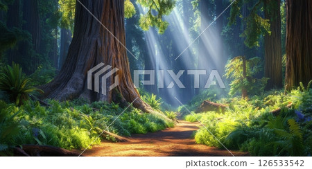 Majestic Redwood Forest Path Sunlight Beams Nature Scene Lush Trees Green Ferns Image Serene Summer 126533542