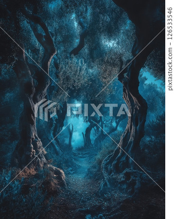 Enchanted Dark Blue Forest Mystical Path Nature Scene old fog art mood mist trees woods night olive 126533546