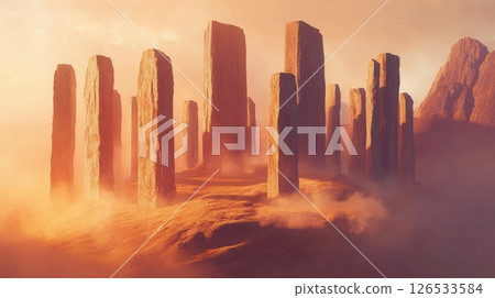 Ancient Stone Pillars Misty Landscape Sunset Digital Art Fog Red Sky Awe View Calm Rocks Scene Image 126533584