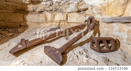 Ancient Rusty Metal Tools Stone Background Old History Relic Antique iron past gray worn aged work 126533596