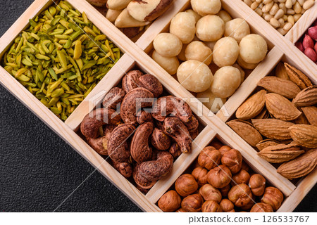 Mix of macadamia, pine, cashew, hazelnut, peanut, pistachio nuts Mix of macadamia, pine, cashew, hazelnut, peanut, pistachio nuts 126533767