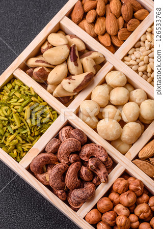 Mix of macadamia, pine, cashew, hazelnut, peanut, pistachio nuts Mix of macadamia, pine, cashew, hazelnut, peanut, pistachio nuts 126533768