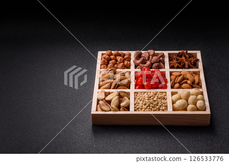 Mix of macadamia, pine, cashew, hazelnut, peanut, pistachio nuts Mix of macadamia, pine, cashew, hazelnut, peanut, pistachio nuts 126533776
