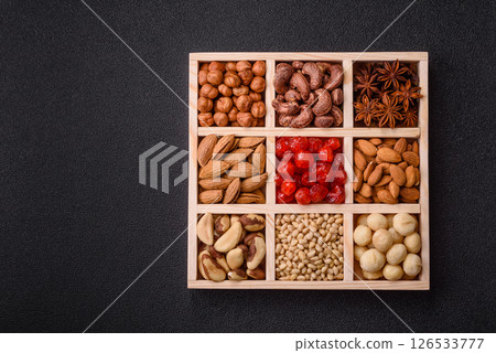 Mix of macadamia, pine, cashew, hazelnut, peanut, pistachio nuts Mix of macadamia, pine, cashew, hazelnut, peanut, pistachio nuts 126533777