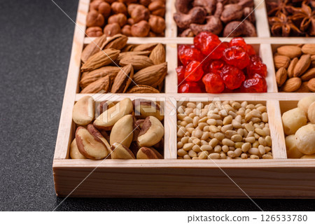 Mix of macadamia, pine, cashew, hazelnut, peanut, pistachio nuts Mix of macadamia, pine, cashew, hazelnut, peanut, pistachio nuts 126533780