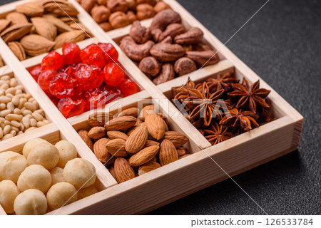 Mix of macadamia, pine, cashew, hazelnut, peanut, pistachio nuts Mix of macadamia, pine, cashew, hazelnut, peanut, pistachio nuts 126533784