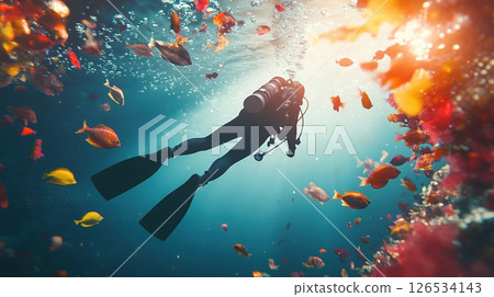 Scuba diver explores mysterious underwater ruins, surrounded by colorful fish and illuminated by beautiful light glares, creating a mesmerizing and surreal underwater scene Scuba diver explores mysterious underwater ruins, surrounded by colorful fish and illuminated by beautiful light glares, creating a mesmerizing and surreal underwater scene 126534143