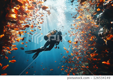 Scuba diver explores mysterious underwater ruins, surrounded by colorful fish and illuminated by beautiful light glares, creating a mesmerizing and surreal underwater scene Scuba diver explores mysterious underwater ruins, surrounded by colorful fish and illuminated by beautiful light glares, creating a mesmerizing and surreal underwater scene 126534149