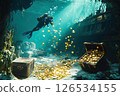 Scuba diver navigates the underwater world, exploring a decaying shipwreck teeming with colorful fish and vibrant coral, showcasing the beauty and mystery of the deep sea 126534155