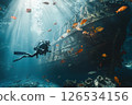 Scuba diver navigates the underwater world, exploring a decaying shipwreck teeming with colorful fish and vibrant coral, showcasing the beauty and mystery of the deep sea 126534156