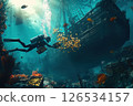 Scuba diver navigates the underwater world, exploring a decaying shipwreck teeming with colorful fish and vibrant coral, showcasing the beauty and mystery of the deep sea 126534157