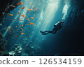 Scuba diver navigates the underwater world, exploring a decaying shipwreck teeming with colorful fish and vibrant coral, showcasing the beauty and mystery of the deep sea 126534159