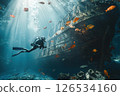 Scuba diver navigates the underwater world, exploring a decaying shipwreck teeming with colorful fish and vibrant coral, showcasing the beauty and mystery of the deep sea 126534160