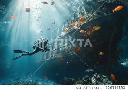 Scuba diver navigates the underwater world, exploring a decaying shipwreck teeming with colorful fish and vibrant coral, showcasing the beauty and mystery of the deep sea 126534160