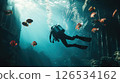 Scuba diver navigates the underwater world, exploring a decaying shipwreck teeming with colorful fish and vibrant coral, showcasing the beauty and mystery of the deep sea 126534162