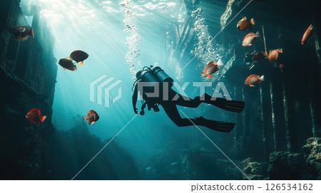 Scuba diver navigates the underwater world, exploring a decaying shipwreck teeming with colorful fish and vibrant coral, showcasing the beauty and mystery of the deep sea 126534162