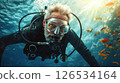 Elderly man with diving equipment explores the ocean depths, observing colorful fish swimming nearby, illuminated by sunlight filtering through the water 126534164