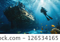 Scuba diver navigates the underwater world, exploring a decaying shipwreck teeming with colorful fish and vibrant coral, showcasing the beauty and mystery of the deep sea 126534165