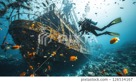 Scuba diver navigates the underwater world, exploring a decaying shipwreck teeming with colorful fish and vibrant coral, showcasing the beauty and mystery of the deep sea 126534167