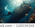Scuba diver navigates the underwater world, exploring a decaying shipwreck teeming with colorful fish and vibrant coral, showcasing the beauty and mystery of the deep sea 126534168