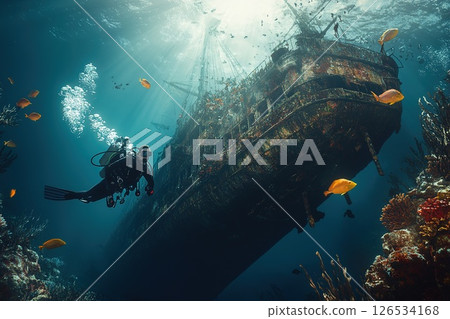 Scuba diver navigates the underwater world, exploring a decaying shipwreck teeming with colorful fish and vibrant coral, showcasing the beauty and mystery of the deep sea 126534168