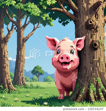 可愛的像素藝術豬線郵票風格淘氣 126534247