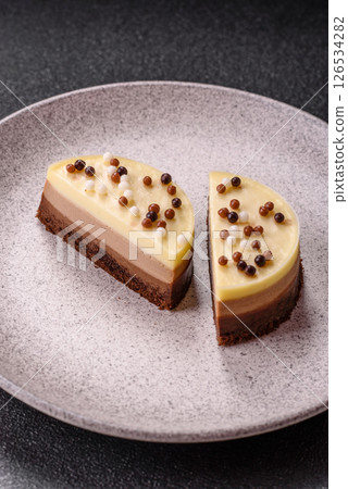 Sweet round tart three chocolates Sweet round tart three chocolates 126534282