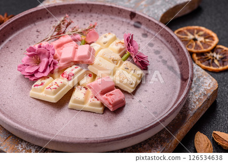 Multicolored handmade chocolate bars pink, white, brown colors Multicolored handmade chocolate bars pink, white, brown colors 126534638