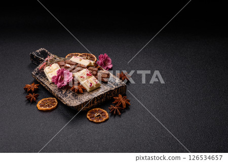 Multicolored handmade chocolate bars pink, white, brown colors 126534657