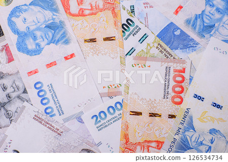 Paper money, banknotes of different denominations of Argentina, peso 126534734