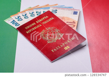 Italian citizen passport against the background of the national flag of Italy Italian citizen passport against the background of the national flag of Italy 126534747