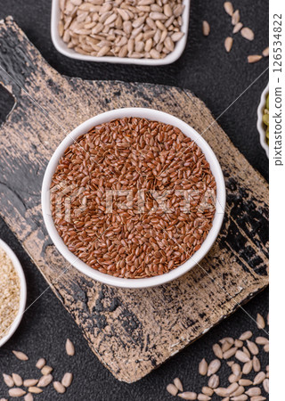 Flax seeds in a bowl, an ingredient for making vegan or vegetarian food 126534822