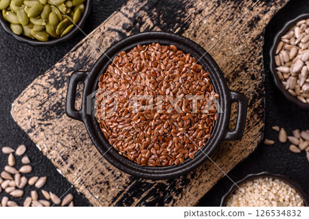 Flax seeds in a bowl, an ingredient for making vegan or vegetarian food 126534832