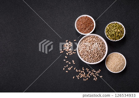 Peeled sunflower seeds in a bowl, an ingredient for making vegetarian food Peeled sunflower seeds in a bowl, an ingredient for making vegetarian food 126534933
