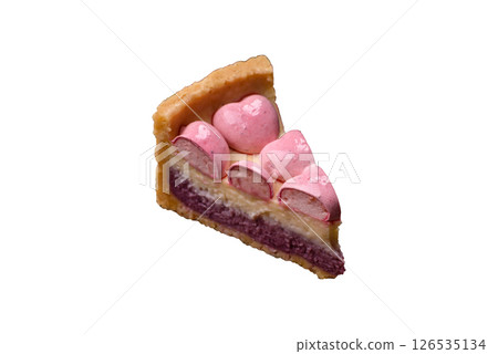 Sweet cheesecake with berry flavor, decorated with pink hearts Sweet cheesecake with berry flavor, decorated with pink hearts 126535134