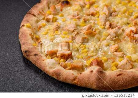 Hawaiian pizza with chicken, pineapple, corn and cheese 126535234