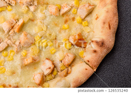 Hawaiian pizza with chicken, pineapple, corn and cheese 126535240