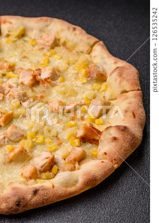 Hawaiian pizza with chicken, pineapple, corn and cheese 126535242