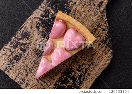 Sweet cheesecake with berry flavor, decorated with pink hearts Sweet cheesecake with berry flavor, decorated with pink hearts 126535594