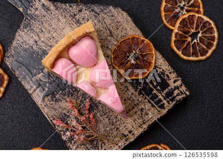 Sweet cheesecake with berry flavor, decorated with pink hearts Sweet cheesecake with berry flavor, decorated with pink hearts 126535598
