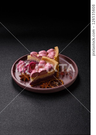 Sweet cheesecake with berry flavor, decorated with pink hearts Sweet cheesecake with berry flavor, decorated with pink hearts 126535608