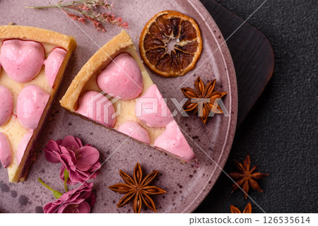 Sweet cheesecake with berry flavor, decorated with pink hearts Sweet cheesecake with berry flavor, decorated with pink hearts 126535614
