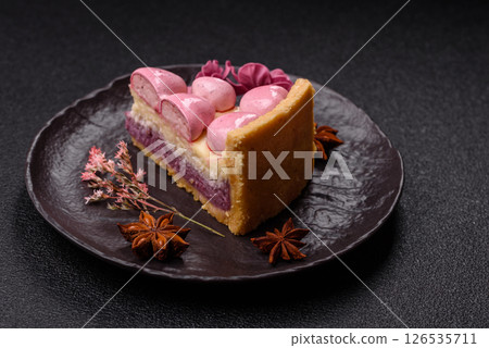 Sweet cheesecake with berry flavor, decorated with pink hearts Sweet cheesecake with berry flavor, decorated with pink hearts 126535711