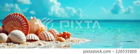horizontal banner, colorful seashells on a sandy beach with clear turquoise water and a bright blue sky, summer background, copy space, free space for text 126535800