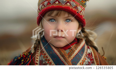 Iceland's Independence Day, portrait of a Young girl with blue eyes and braided hair wears a traditional Icelandic hat and colorful attire 126535805