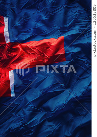 Iceland Independence Day, close-up Icelandic flag, silk fabric texture, abstract background, vertical banner, copy space, free space for text 126535809