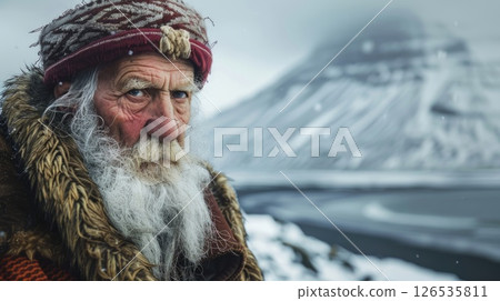 Portrait of an Elderly Icelandic man with a long white beard, wearing traditional clothing, stands against a snowy mountain backdrop. Iceland Independence Day 126535811